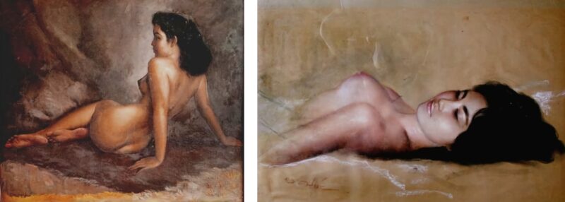 A painting of sleep naked woman and a painting of a sitting nude woman by Basoeki Abdullah