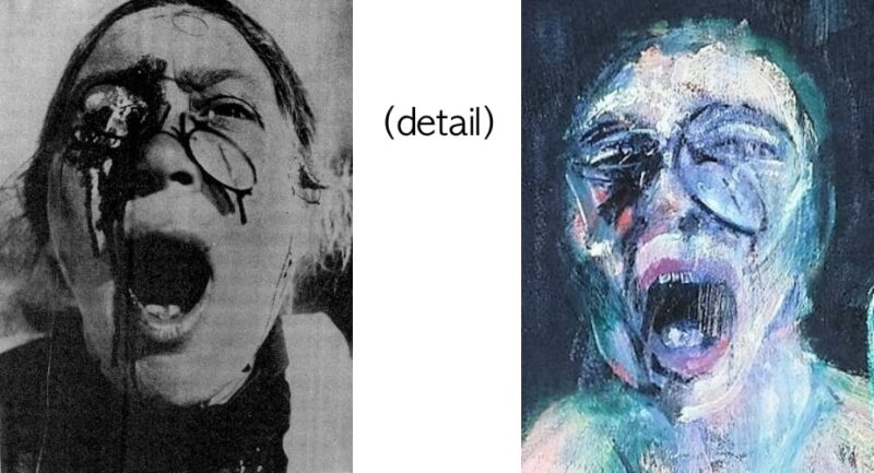 A comparison image of a face from photos and painting