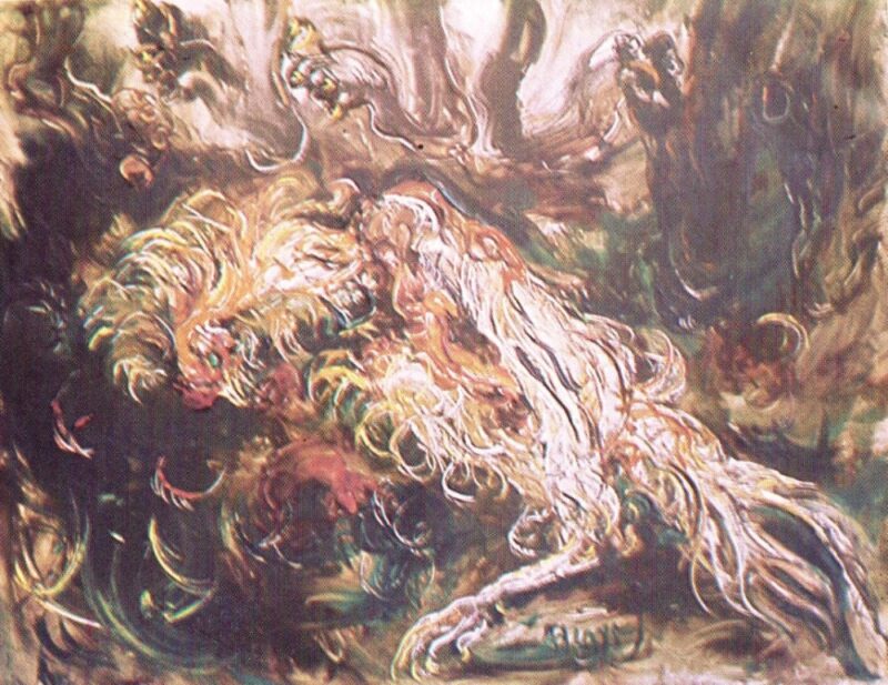 A painting of cockfight by Affandi